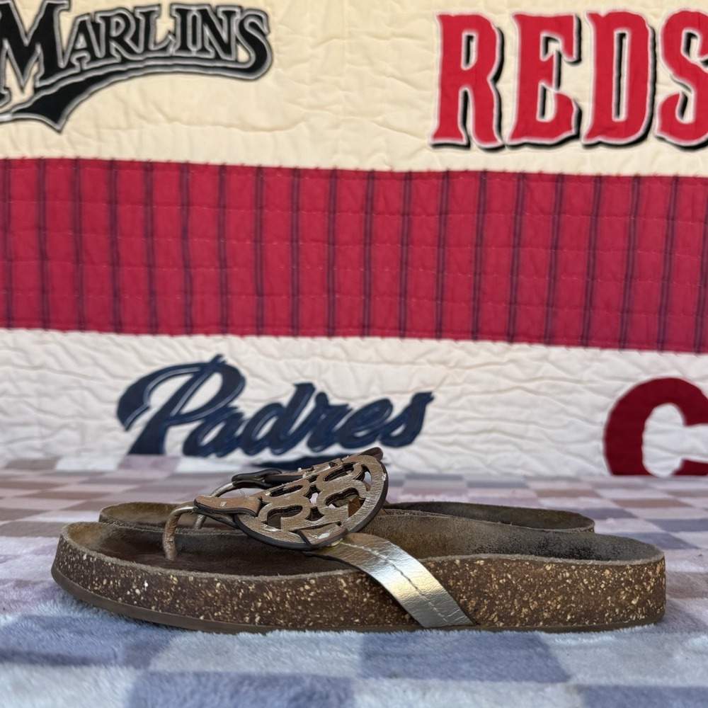 Tory Burch Brown Leather Cork Wedge Logo Thong Sandals